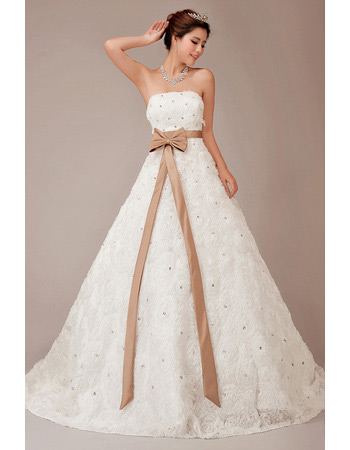 Floral Strapless A-Line Sweep Train Dresses for Spring Wedding