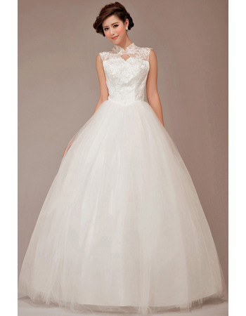 Inexpensive Mandarin Collar Organza Ball Gown Long Wedding Dresses