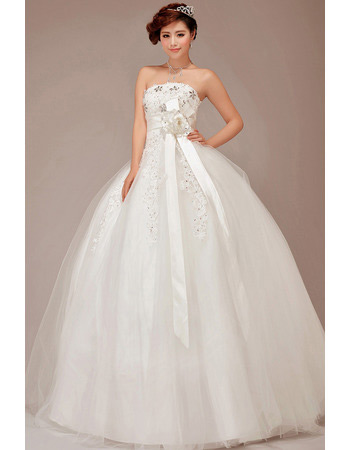 Strapless Ball Gown Organza Wedding Dresses with Sashes for Spring