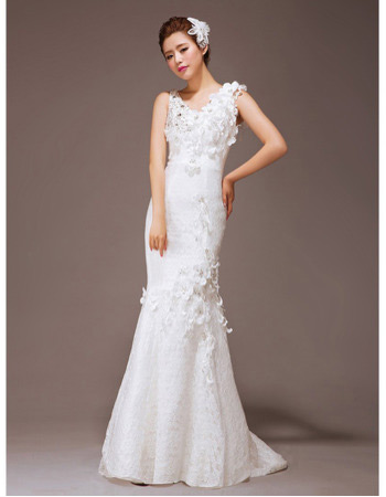 Affordable Sexy Mermaid/ Trumpet Lace Sweep Train Wedding Dresses