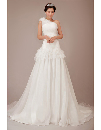 One Shoulder Chiffon Chapel Train A-Line Wedding Dresses for Spring