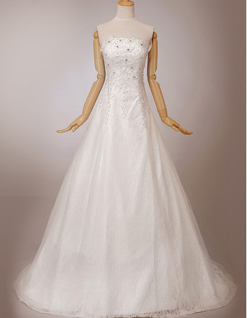 Discount Elegant A-Line Lace Strapless Sweep Train Wedding Dresses