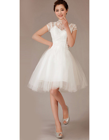 Mandarin Collar Short Sleeves Lace Short Reception Wedding Dresses