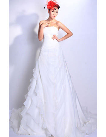 Discount Tiered Chapel Train Organza Strapless Wedding Dresses