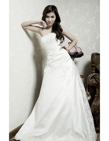 Inexpensive A-Line Strapless Court Train Satin Wedding Dresses