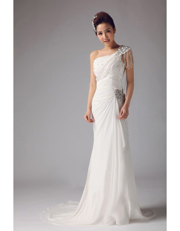 Sexy One Shoulder Chiffon Brush/ Sweep Train Sheath Wedding Dresses