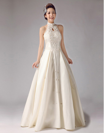 Custom Mandarin Collar A-Line Floor Length Satin Wedding Dresses
