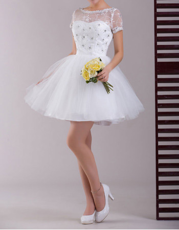 Custom Short Sleeves Organza A-Line Short Reception Wedding Dresses