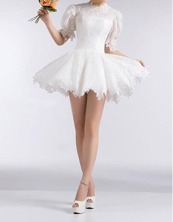 Casual Bubble Sleeves Lace A-Line Short Summer Beach Wedding Dresses