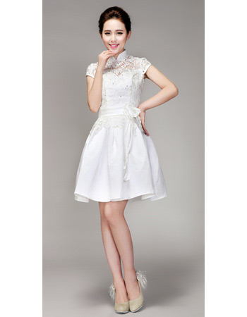 Informal Mandarin Collar Lace A-Line Short Reception Wedding Dresses