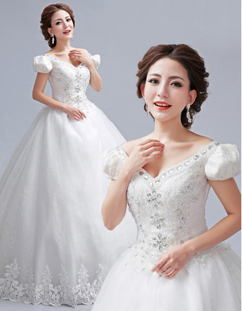 Discount V-Neck Short Sleeves A-Line Floor Length Wedding Dresses