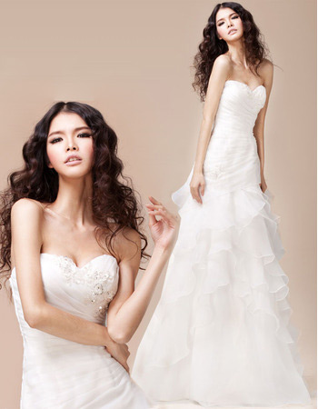 Tiered Skirt Organza Sweetheart Sweep Train A-Line Wedding Dresses