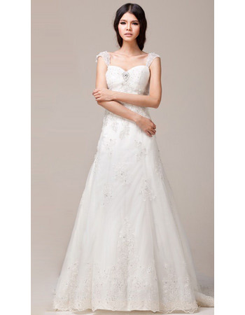 Inexpensive Straps A-Line Brush/ Sweep Train Satin Wedding Dresses