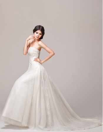 Custom A-Line Strapless Court Train Satin Organza Wedding Dresses