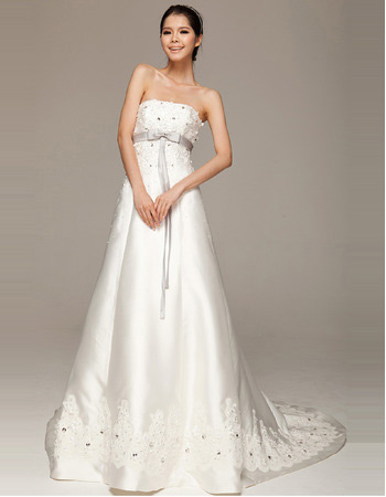 Formal Satin Strapless A-Line Court Train Wedding Dresses for Spring