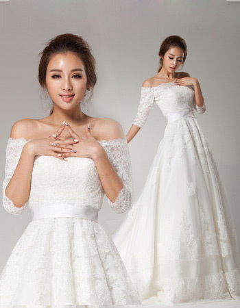 Off-the-shoulder Half Sleeves Lace Sweep Train A-Line Wedding Dresses