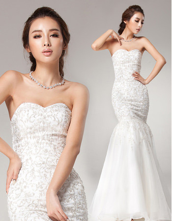 Custom Mermaid Embroidery Sweetheart Brush Train Wedding Dresses