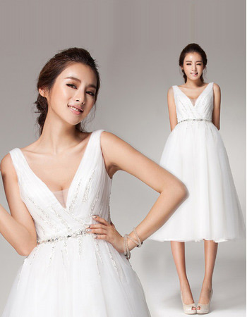 Custom V-Neck Knee Length Organza A-Line Short Reception Wedding Dresses