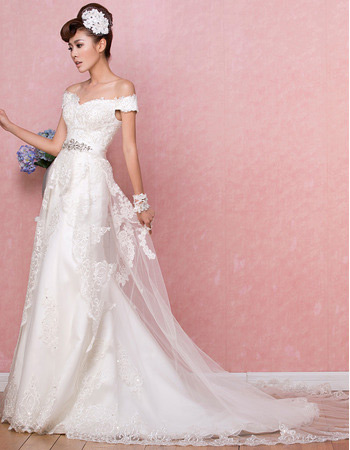 Inexpensive Off-the-shoulder Brush/ Sweep Train Satin Wedding Dresses