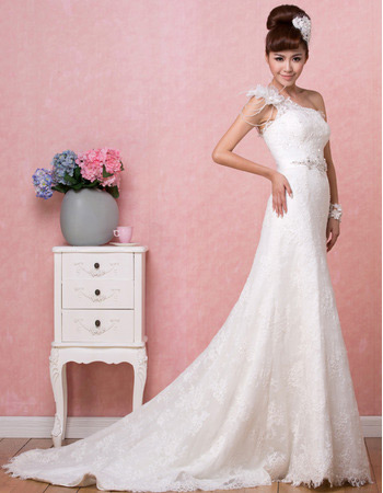 Affordable Sexy One Shoulder Lace A-Line Sweep Train Wedding Dresses