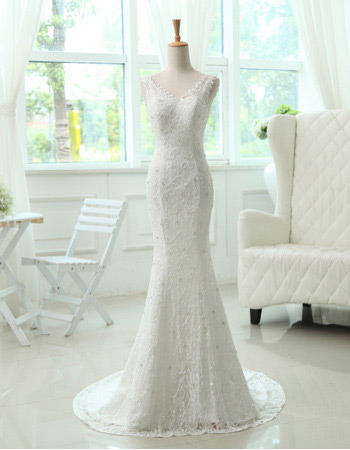 Mermaid/ Trumpet Lace V-Neck Brush Train Dresses for Spring Wedding