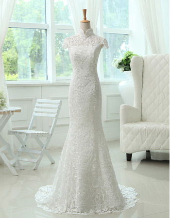 Discount Mandarin Collar Lace Mermaid Sweep Train Wedding Dresses