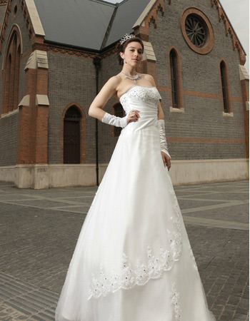Custom Vintage A-Line Satin Organza Strapless Floor Length Wedding Dresses