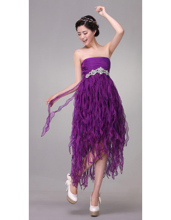 Draped Empire Strapless Tea Length Organza Dresses for Cocktail Party