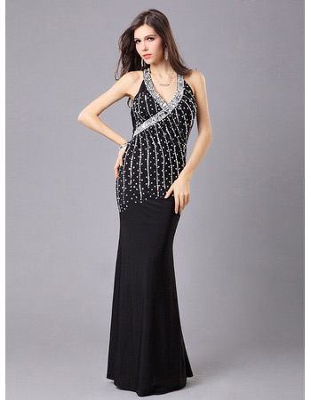 Sexy Mermaid/ Trumpet V-Neck Beaded Floor Length Satin Evening Dresses