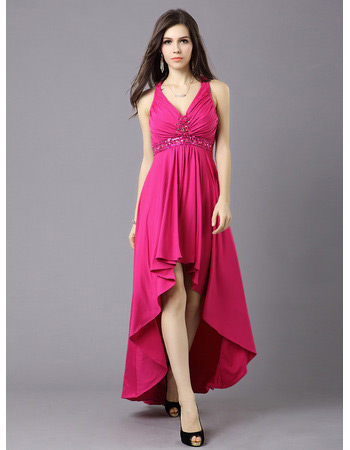 Sexy Modern High-Low V-Neck Empire Satin Evening Dresses for Prom