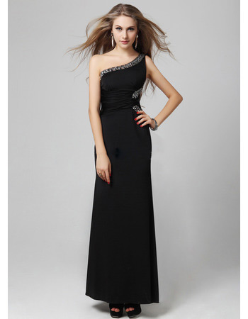 Discount One Shoulder Black Sheath Floor Length Satin Evening Dresses