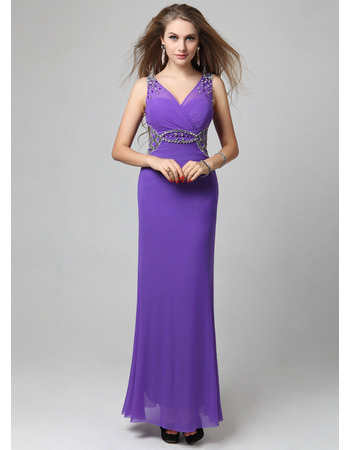 Chiffon V-Neck Column/ Sheath Ankle Length Evening Dresses for Prom