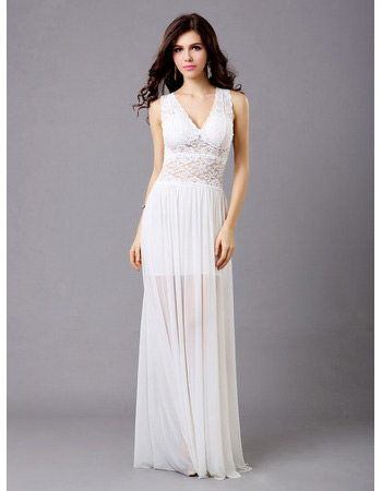 Inexpensive Lace Chiffon V-Neck Sheath Floor Length Evening Dresses