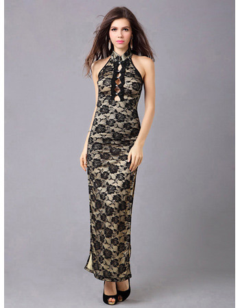 Lace Sheath Mandarin Collar Ankle Length Evening Dresses for Prom