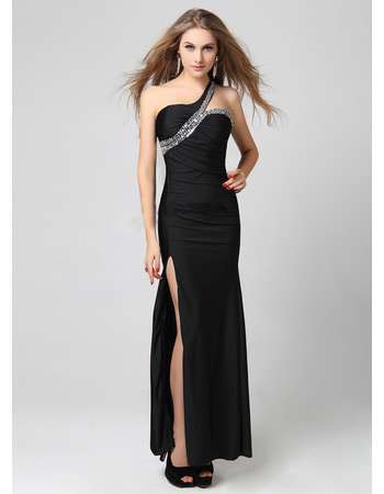 Sexy One Shoulder Sheath Floor Length Black Evening Dresses