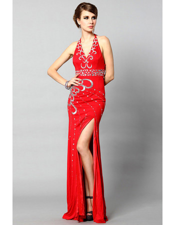 Sexy Sheath Halter Floor Length Chiffon Evening Dresses for Prom