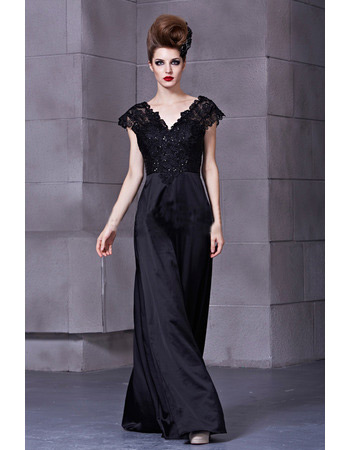 Affordable Black V-Neck Floor Length Satin Sheath Evening Dresses