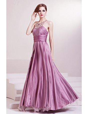 Inexpensive Halter A-Line Satin Floor Length Evening Dresses