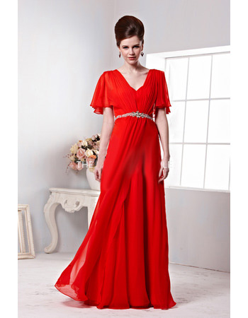 Custom Chiffon Cap Sleeves V-Neck Sheath Long Evening Dresses