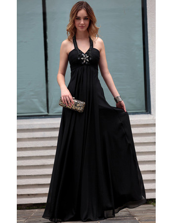 Sexy Black Halter Chiffon Sheath Floor Length Evening Dresses