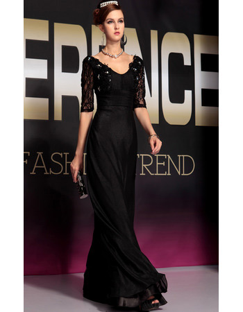 Inexpensive Sleeved Black Chiffon Sheath Floor Length Evening Dresses