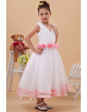 Discount Lovely Tea Length Organza V-Neck Flower Girl Dresses