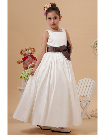 Simple Taffeta Ankle Length First Communion Dresses with Sashes