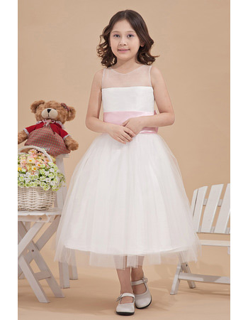 Affordable Tea Length Satin Tulle First Communion Dresses with Sashes