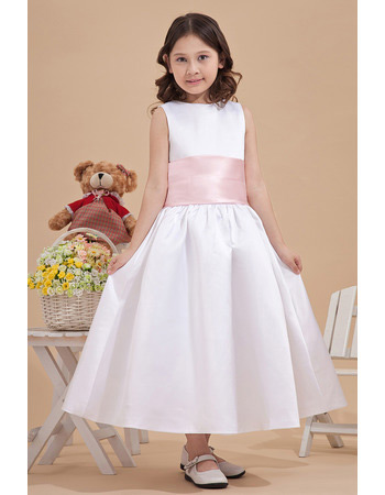 Simple Satin Tea Length Ball Gown First Communion Dresses with Sashes