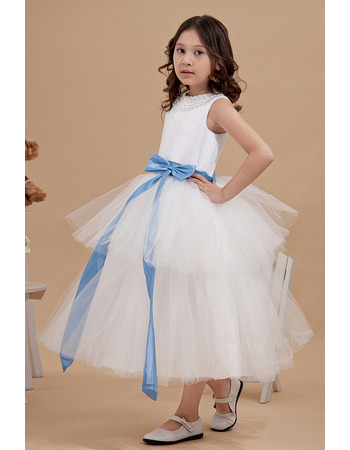 Custom Ball Gown Tiered Tulle Satin First Communion Dresses with Sashes