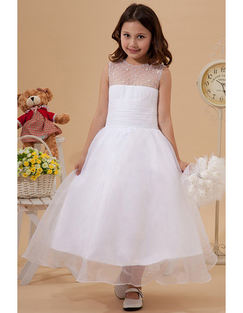 Affordable Beaded A-Line Organza Tea Length First Communion Dresses