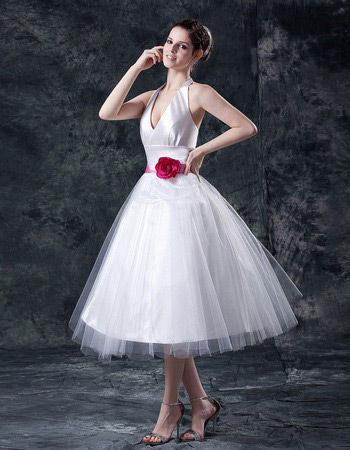 Inexpensive Custom Halter A-Line Satin Short Reception Wedding Dresses