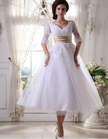 Discount Custom V-Neck Short Reception Wedding Dresses with Sleeves