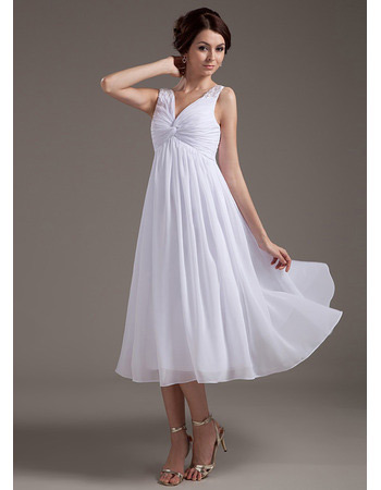 Custom Empire V Neck Chiffon Tea Length Short Beach Wedding